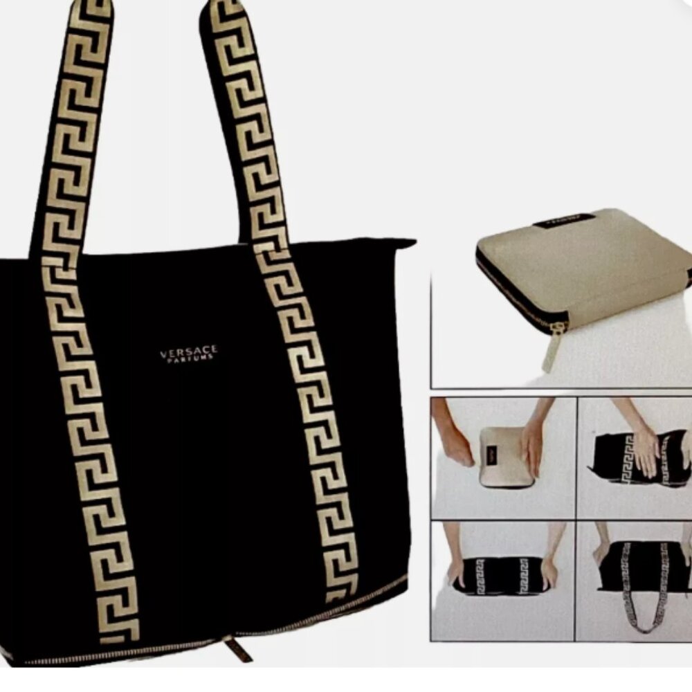 Versace Black and Cream Greek Key Tote